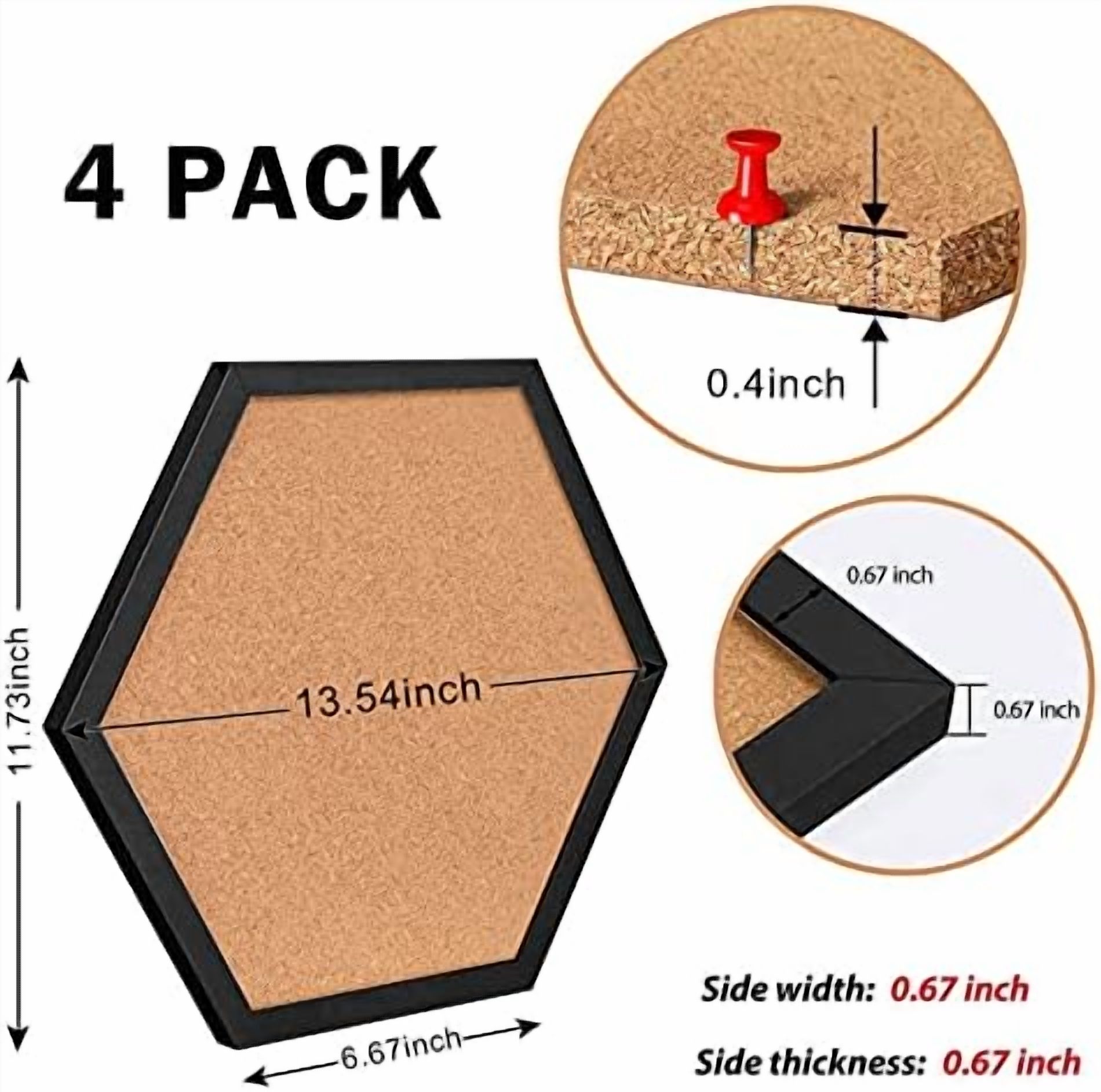 Cork Bulletin Board Hexagon Black, Small Framed Corkboard Tiles for Wall, Thick Decorative Display Boards for Home Office Decor, School Message Board with 16 Push Pin Wood Clips (4 Pack)
