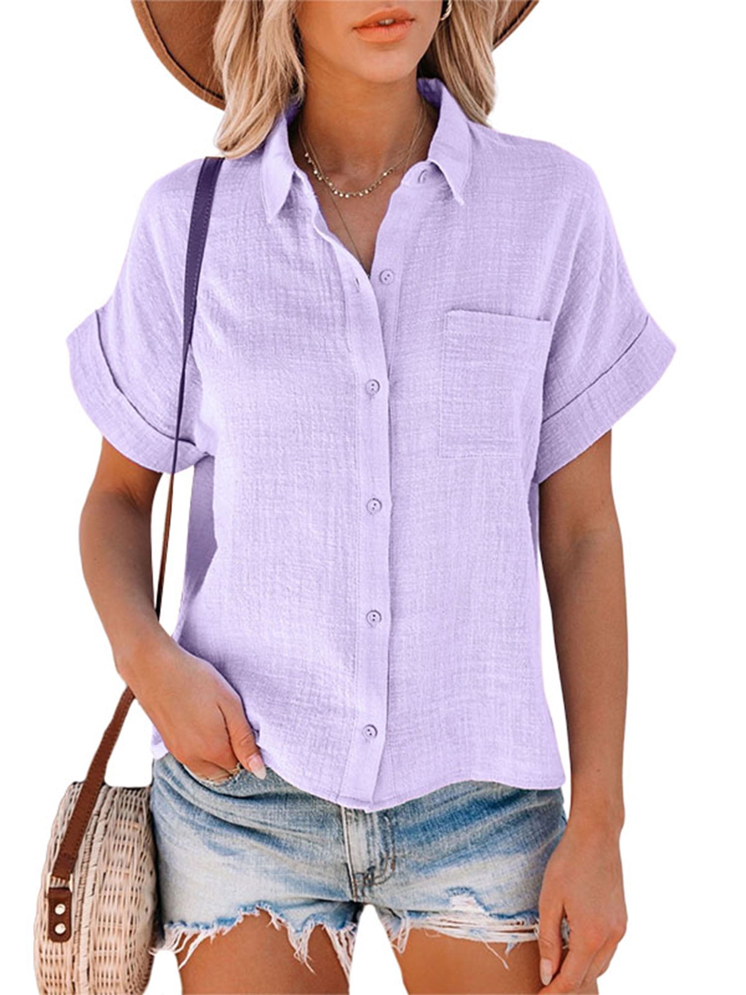 Women Casual Short Sleeves Button Down Lapel Top Ladies Office Work Shirt Blouse 