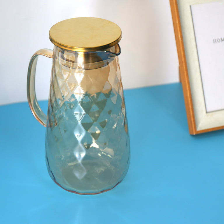 Glass Pitcher with Lid Hot Water Safe, Blue Glass Jug for Fridge Water Jug  Glass Carafe for Water Juice Tea Coffee Hot Drink with Gold Handle 