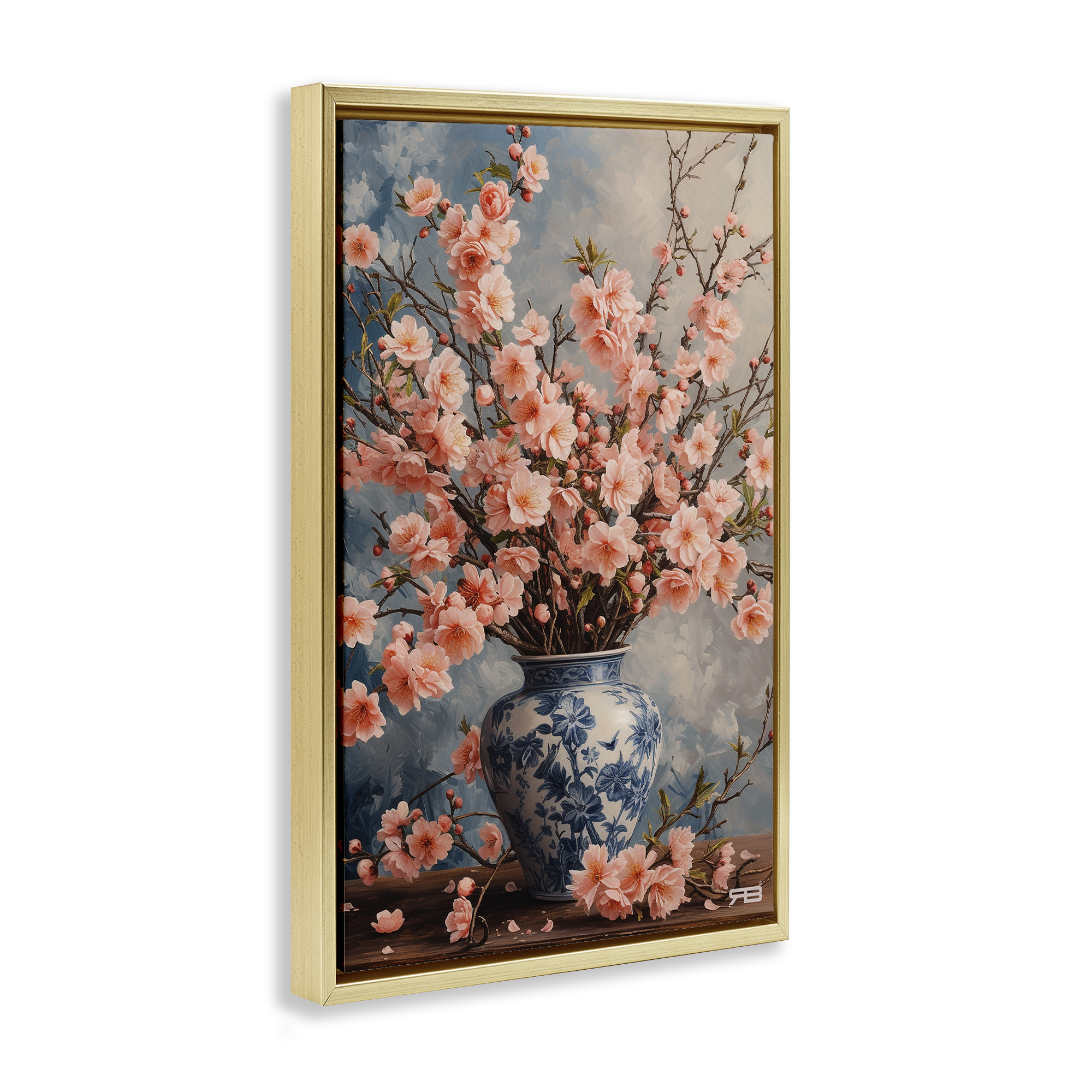 Stupell Industries Detailed Cherry Blossom Vase Botanical & Floral Painting Gold Floater Framed Art Print Wall Art, 17 x 25
