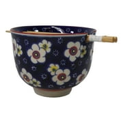 Blue Ume Plum Blossoms Ceramic Donburi Ramen Soup Red Bowl With Chopsticks Set