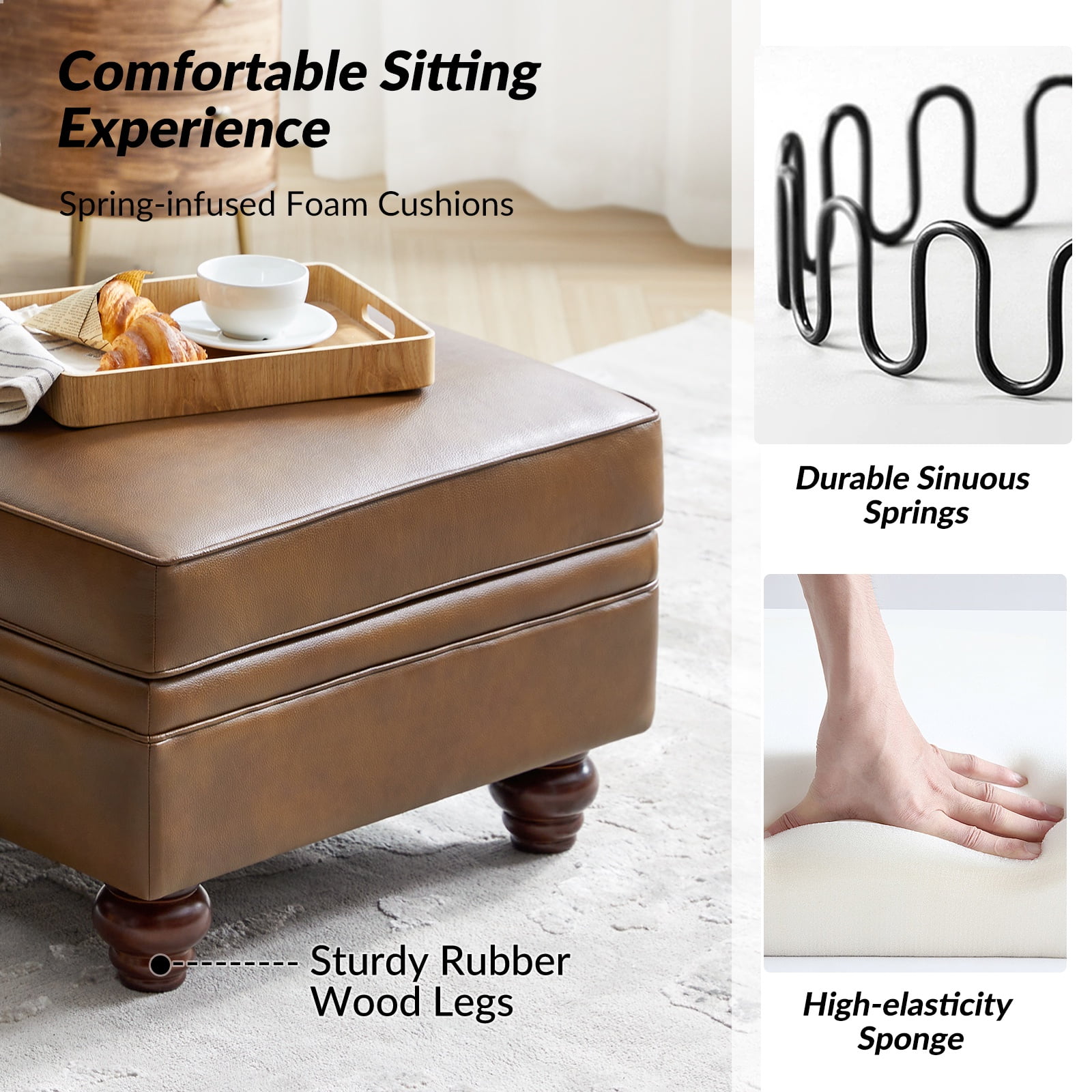 27" Square Ottoman Coffee Table Faux Leather Lift Top Storage Footrest Stool Bedroom Living Room Brown