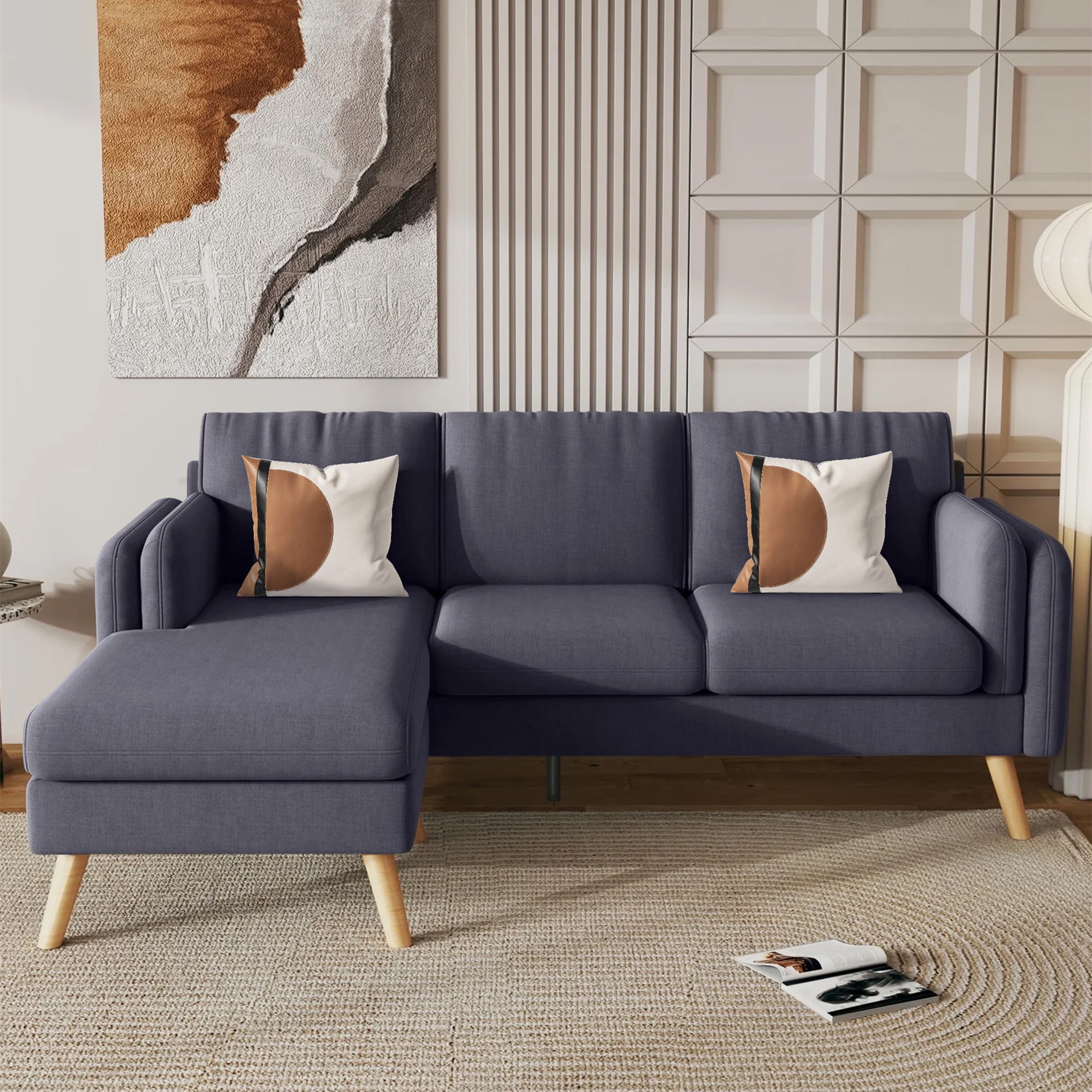 Aukfa 85" Sectional Couch Reversible L shape Sofa for Living Room, Solid Wood Legs, Linen, Gray