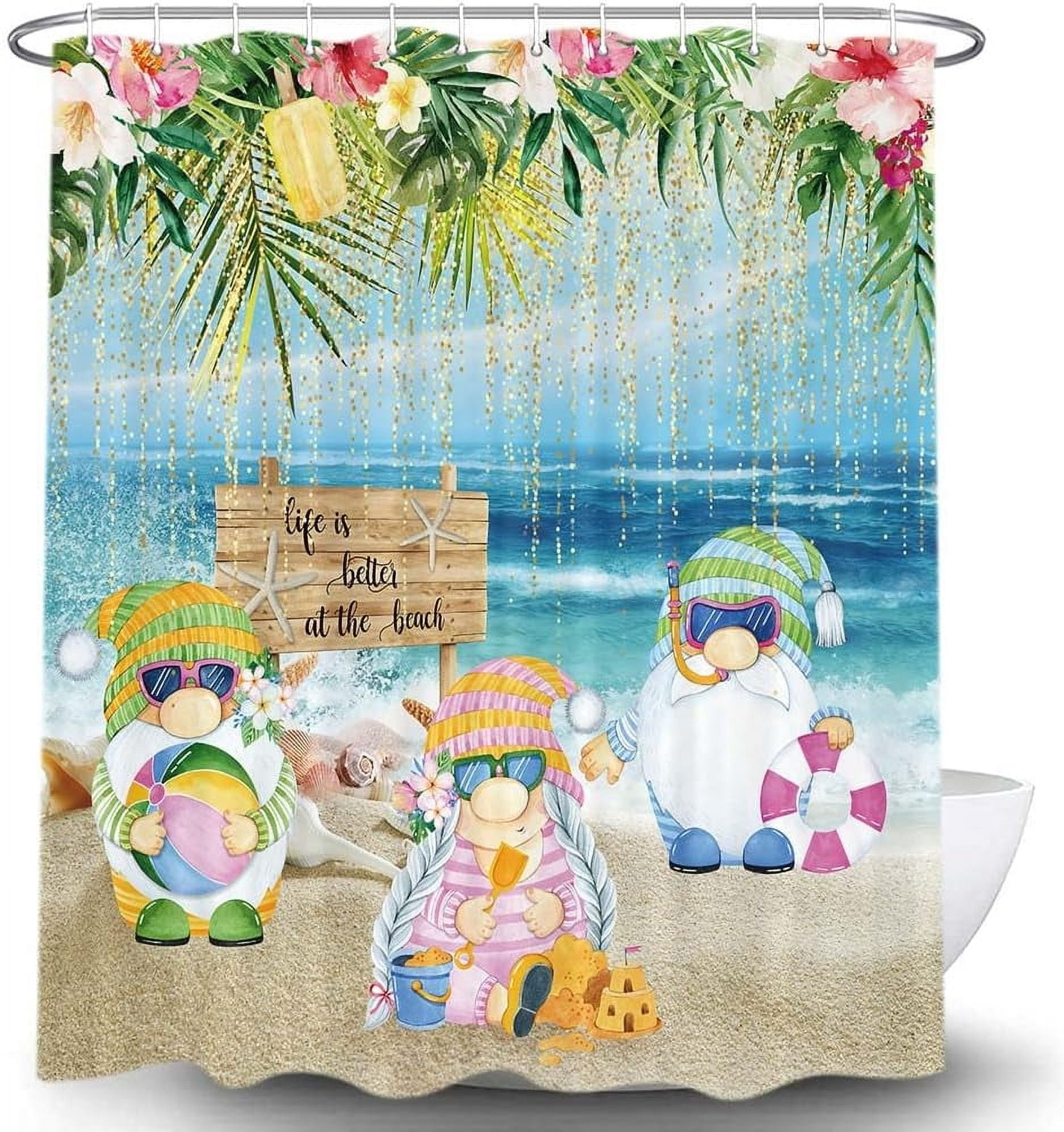 Cute Summer Gnomes Shower Curtain, Funny Beach Ocean Wooded Print Seaside Holiday Home Bathroom Curtain, Tropical Green Leaves and Flowers Decor Shower Curtains with Hooks 72x72Inch