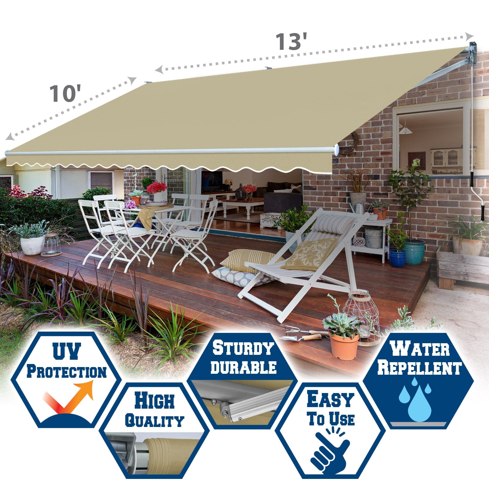 SUNNYOUTDOOR 13x10 FT Patio Awning Retractable Outdoor Sun Shade Manual Patio Deck Awning Heavy Duty Awning (Beige)
