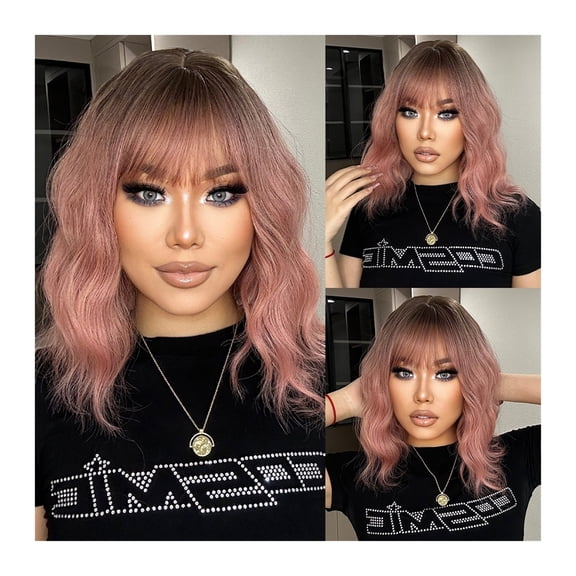 Short Ombre Pink Bob Wig with Bangs Synthetic Curly Dark Roots Wigs for Women Shoulder Long Cosplay Daily Hair Heat Resistant