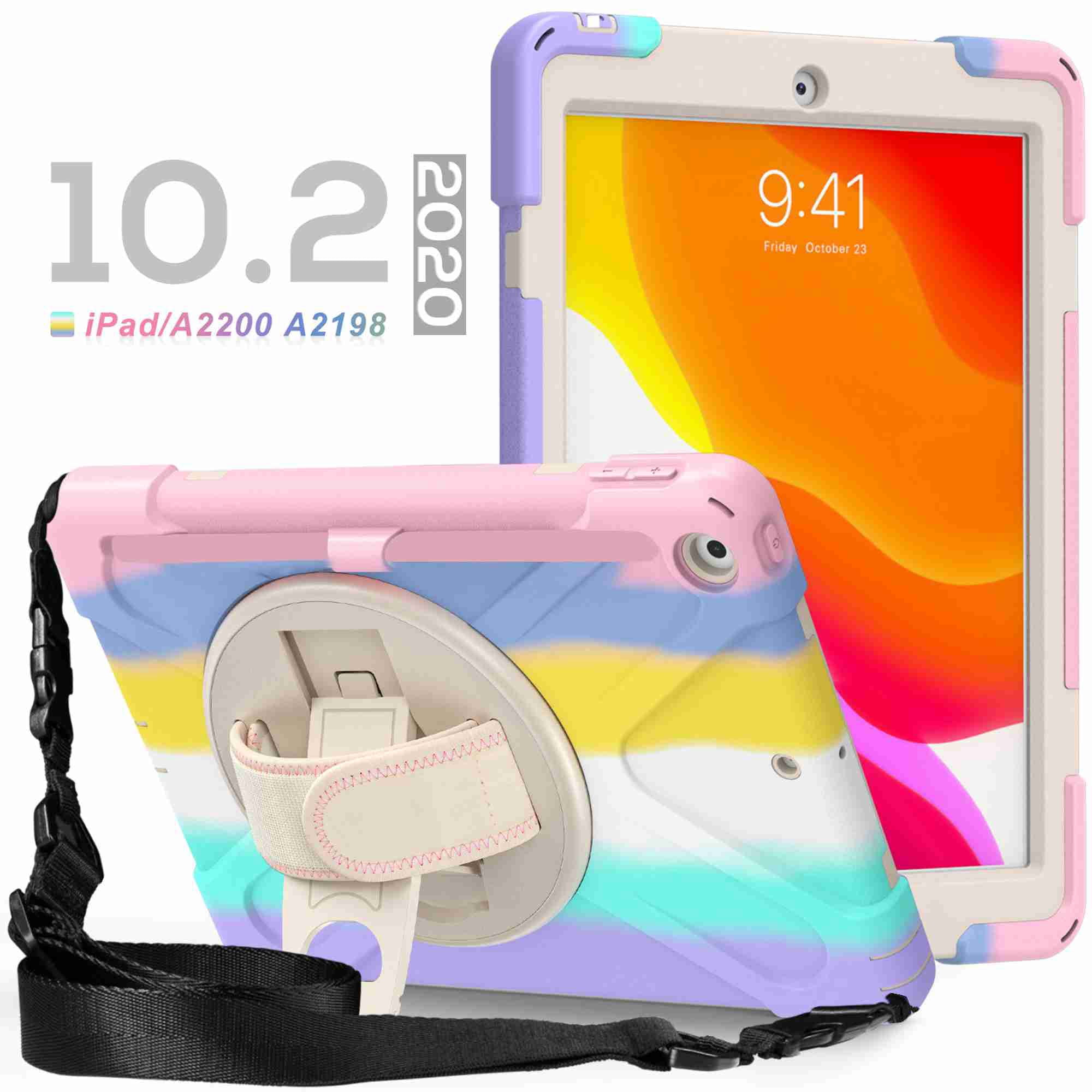 Dteck iPad 8th / 7th Generation Case, Heavy Duty Rugged Case with Pencil Holder Hand Strap, Kickstand, Shoulder Strap for Apple iPad 10.2 Inch 2020/2019- Multicolour
