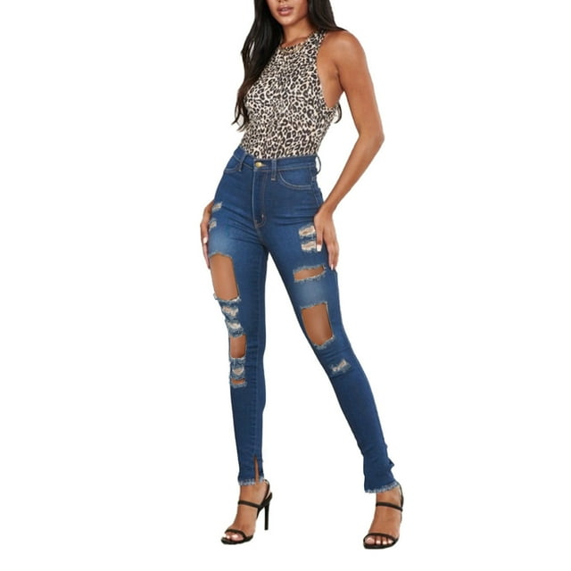 DPTALR Ladies Trend Buttons Hole Slim High Waist Split Slim Jeans Trousers