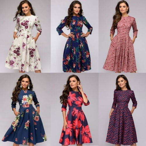 Robe de Printemps pour Femme à Imprimé Floral à Manches Longues Taille Haute Robes Vintage à Col Rond Robe Trapèze Vestidos Robe Midi pour Dames