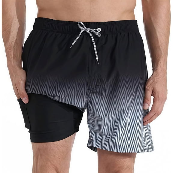 Summer Men's 2-in-1 Swim Trunks with Compression Liner, Ombre Chevron Print Quick Dry Beach Shorts, Elastic Waist Drawstring
