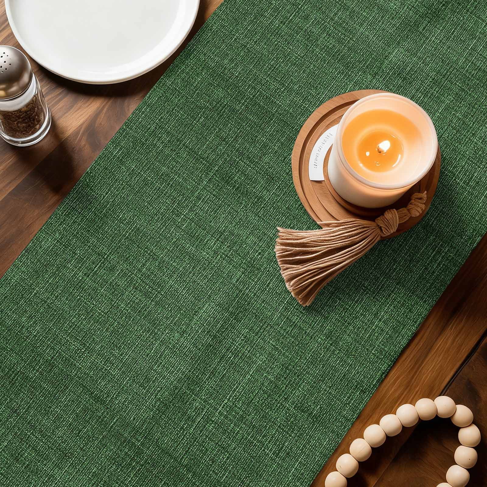 Dark Green Burlap Texture Table Runner, Farmhouse Vintage Green Washable Cotton Linen Table Runners 72 Inches Long, Dresser Scarf Runner for Dining/Coffee/Kitchen/TV Stands/Cabinets 13''x72''