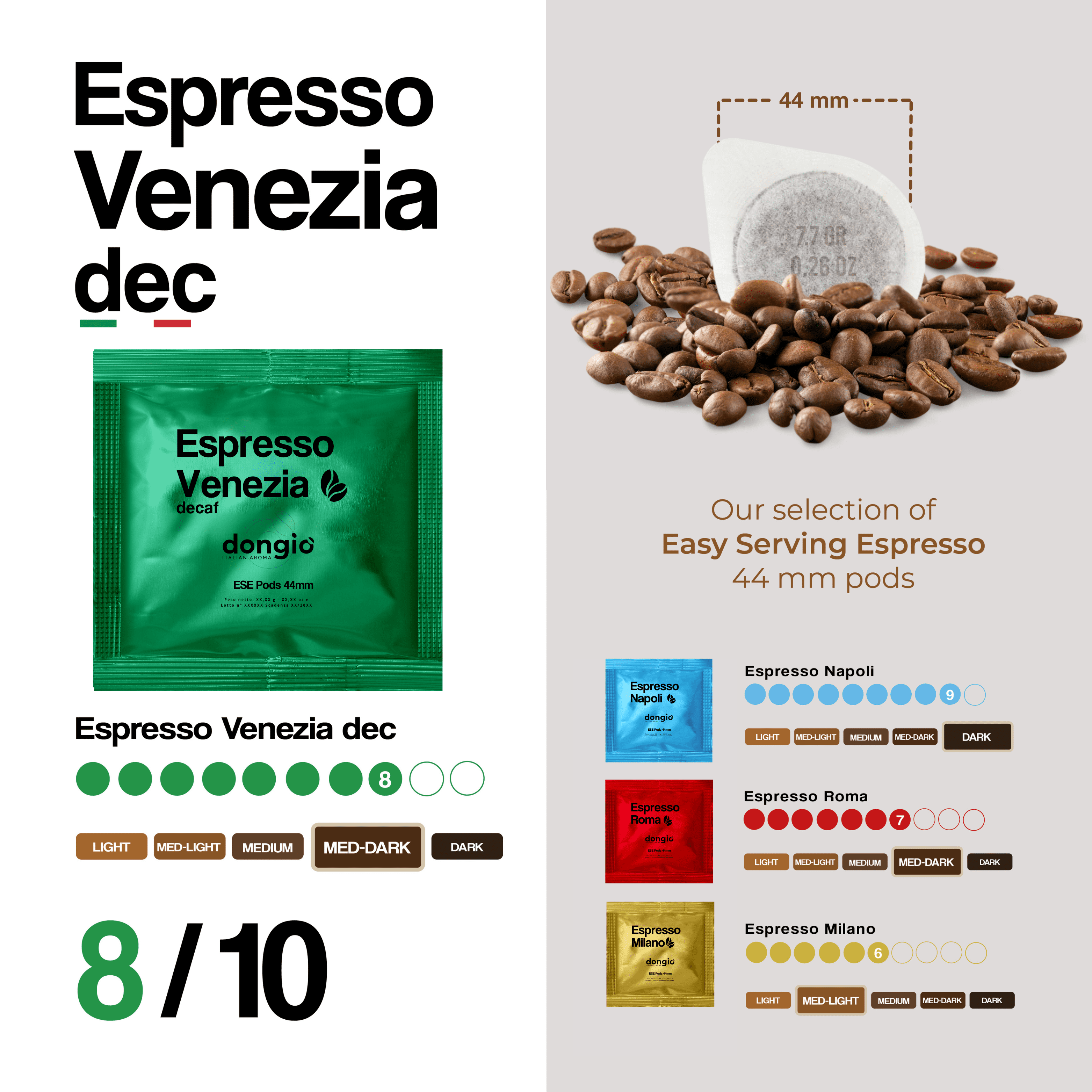 Dongio Caffe Espresso Venezia Decaf – ESE 44mm Espresso Pods, Dark Roast, 150 Count