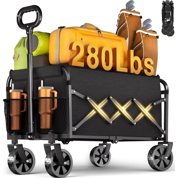 Collapsible Wagon Cart Foldable - Extra Large 500 lbs Capacity Portable Folding Beach Wagon with Wheels - 34'' Extra Long Heavy Duty Utility Cart for Groceries, Shopping, Camping, Sports - Black