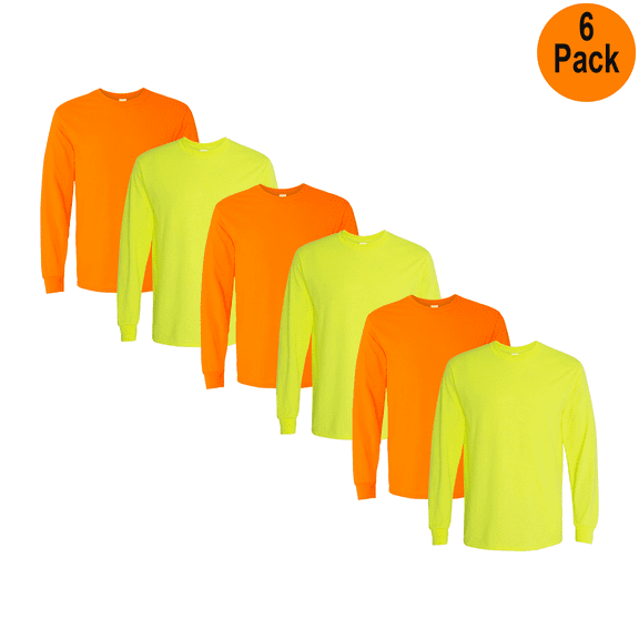 Gildan Men's Heavy Cotton Safety Long Sleeve T-Shirt, Crew Neck Hi Vis Green and Orange, 6 Pack, S