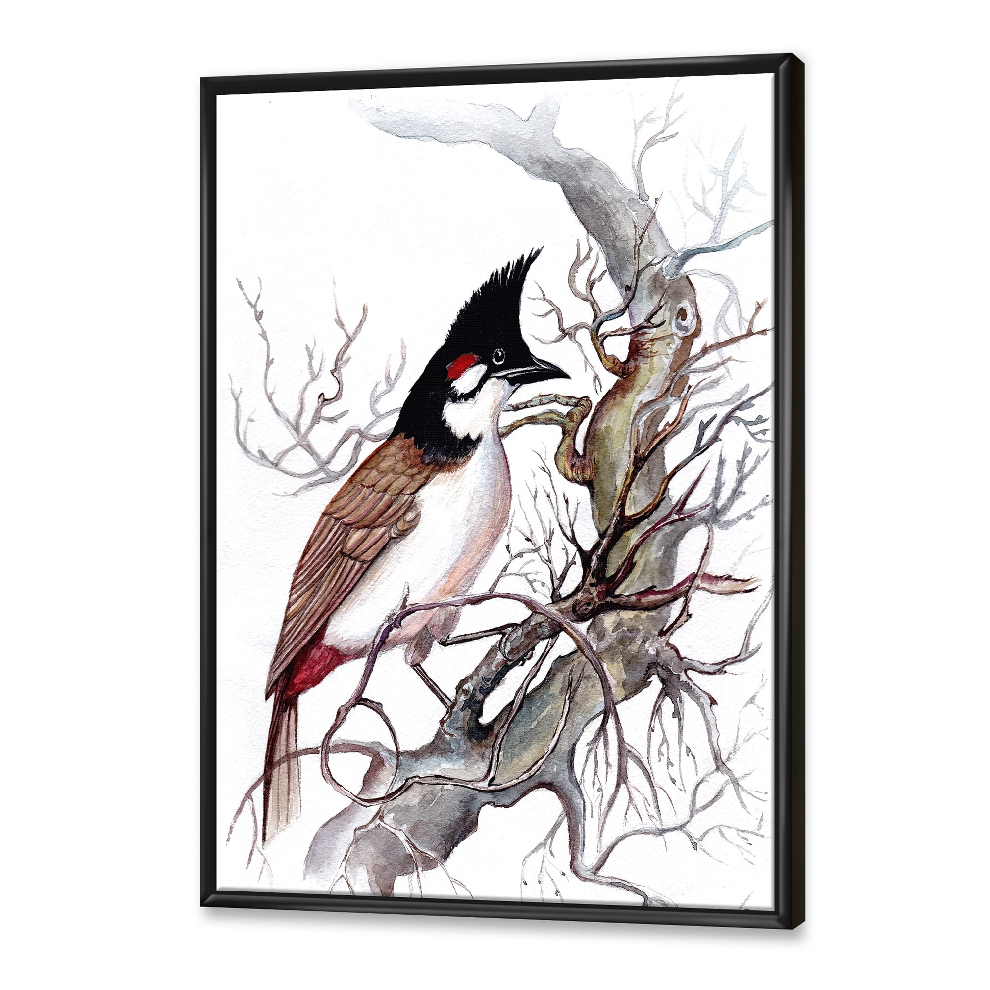 Designart 'Ancient Beautiful Bird On A Branch' Traditional Framed Canvas Wall Art Print