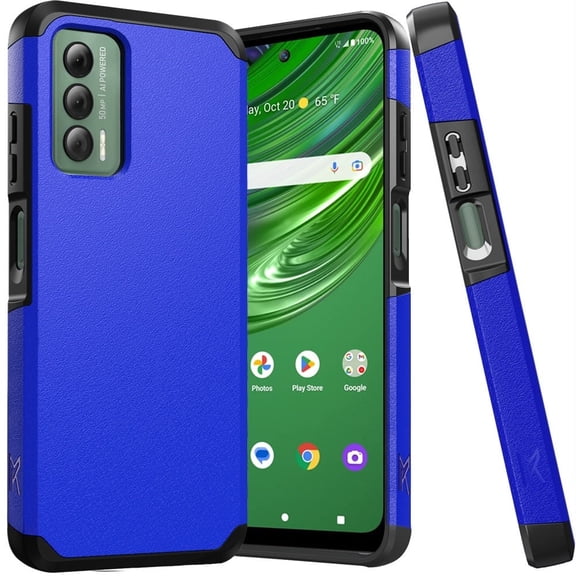 For Cricket Outlast U680AC Slim Shockproof Hybrid Cover Phone Case   Tempered Glass - mk Blue