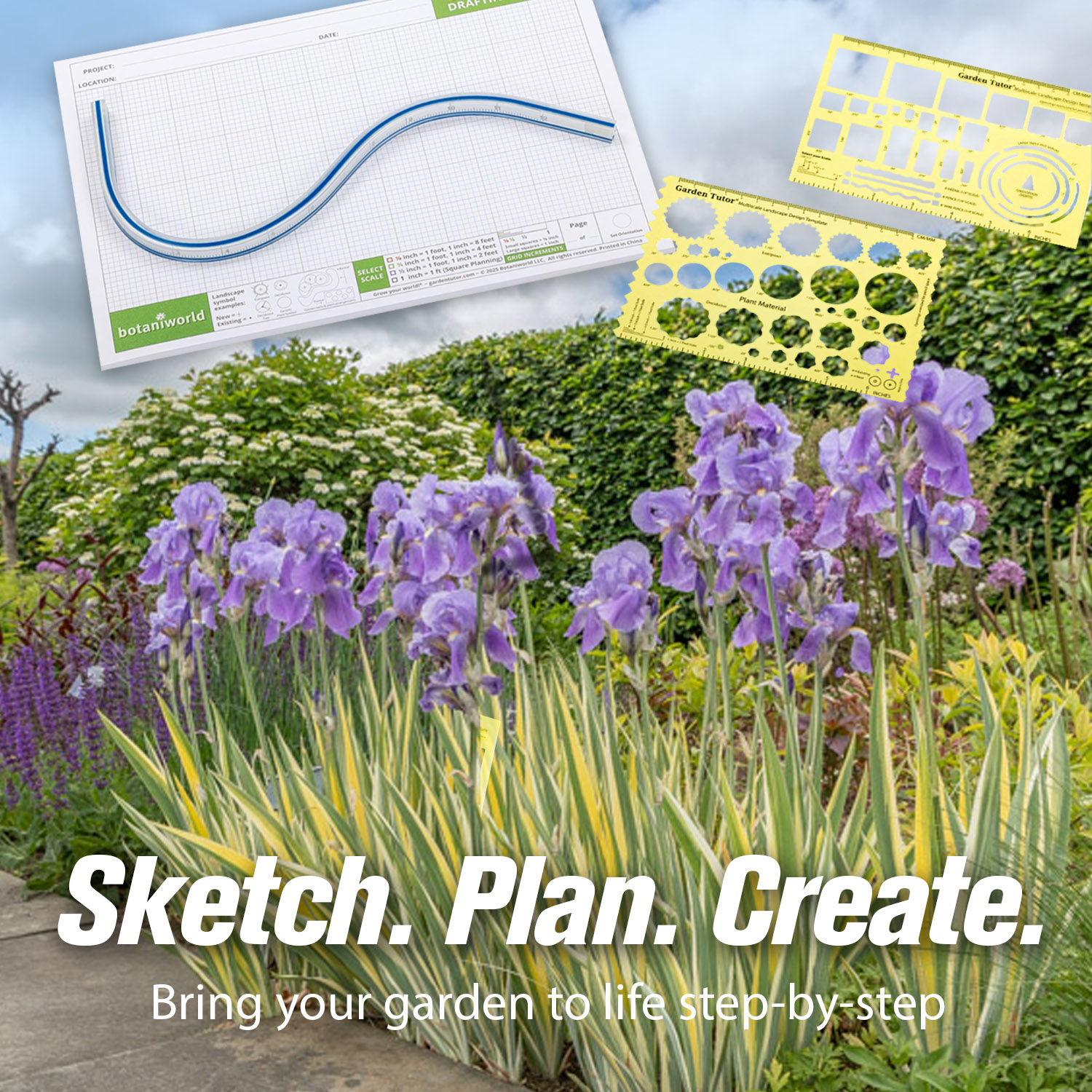 Garden Tutor Multiscale Garden & Landscape Design Kit, 12-Inch Flexible Curve Ruler, 40-Sheet Graph Paper, 2 Translucent Yellow Stencils