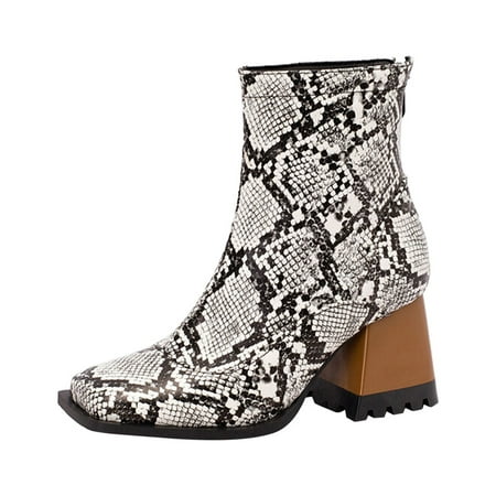 

TAIAOJING Boots For Women Ladies Fashion Colorblock Leather Back Zipper Square Toe High Heel Booties Winter Warm Shoes
