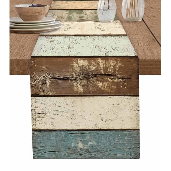 Ldtrchee Farmhouse Teal Brown Table Runner 36 Inches, Country Ombre Wooden Bed Runner Dresser Scarves Tabletop for Indoor Outdoor Parties/Ceremony/Banquet, 13"x 36"