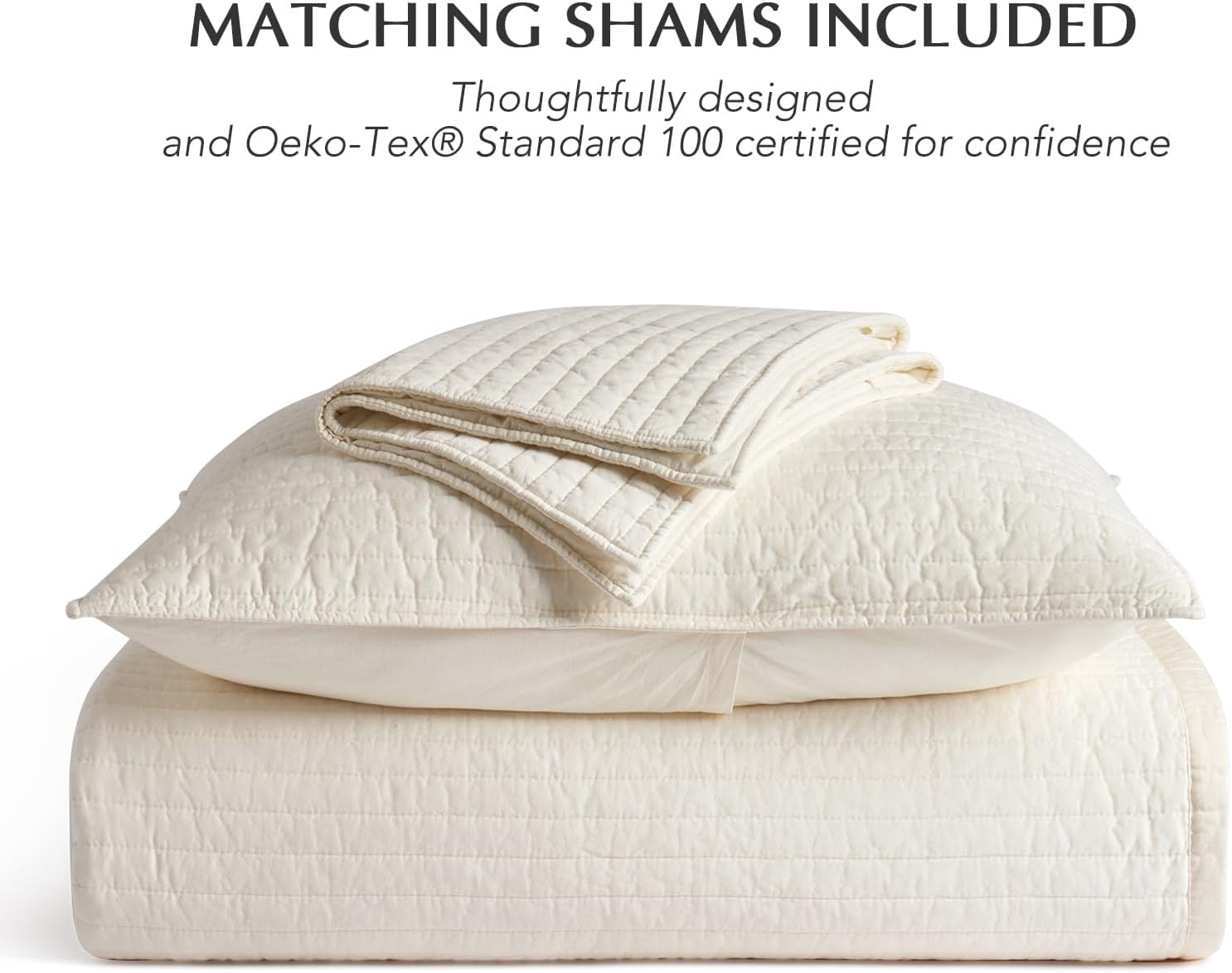 EVERGRACE Cotton Sateen Quilt Set King Size, Pre-Washed Cotton Channel Stitch Coverlet Bedspread, 3 Pieces Lightweight Soft Bedding Sets for All Season, with 2 Pillow Shams, Cream