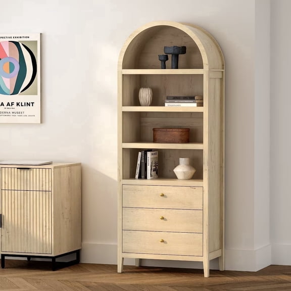 EYYTHUNG 71" Tall Arched Cabinet, 4-Tier Storage Cabinet with 3 Drawers and Shelves, Modern Farmhouse Arched Bookcase Versatile Boho Kitchen Pantry Cabinet for Living Room Bedroom, Natural Oak