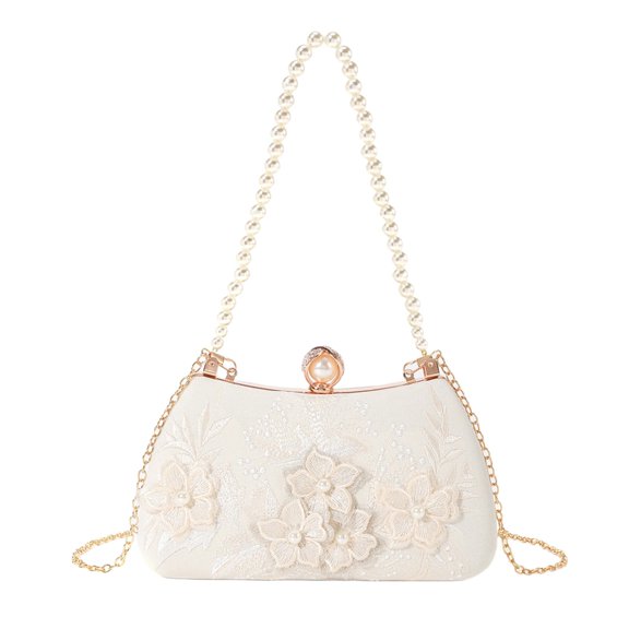 Yokua Fashion White Floral Embroidered Evening Clutch With Pearls for Party Wear
