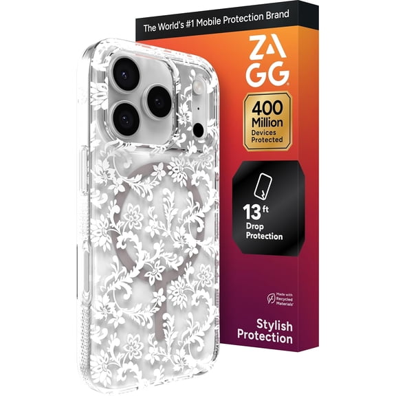 ZAGG Milan Snap Case for iPhone 17 Pro - White Boho Blossom Graphene Strengthened Phone Case with Drop Protection (13ft/4m) Textured Edges & Sparkle Design MagSafe Charging Compatible