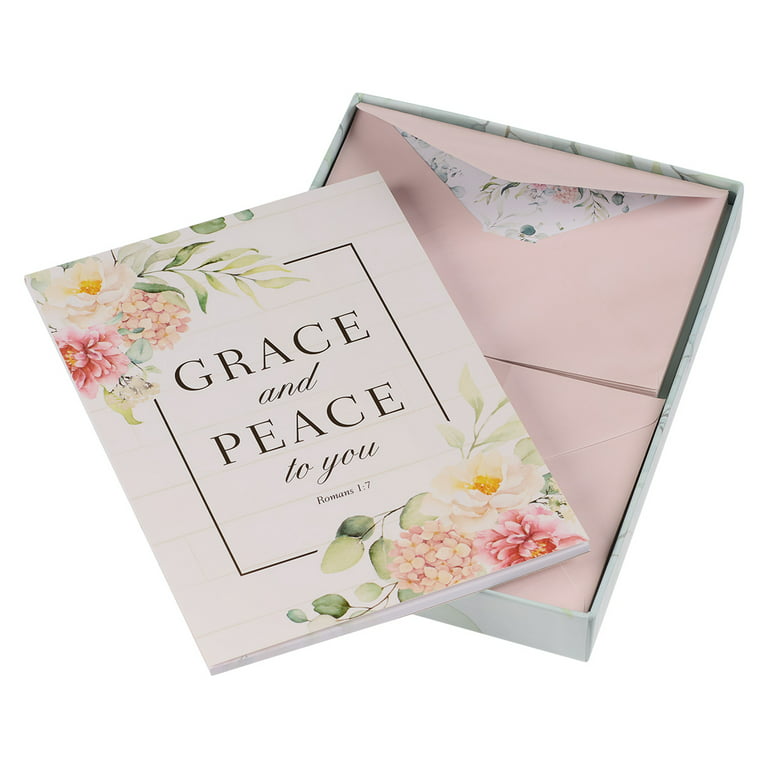 Christian Art Gifts Writing Paper & Envelope Stationery Set for Women:  Grace and Peace - Romans 1:7 Inspiring Scripture w/40 Pages & 20 Matching  Envelopes, White, Blue, Powdered Pink Multicolor Floral 