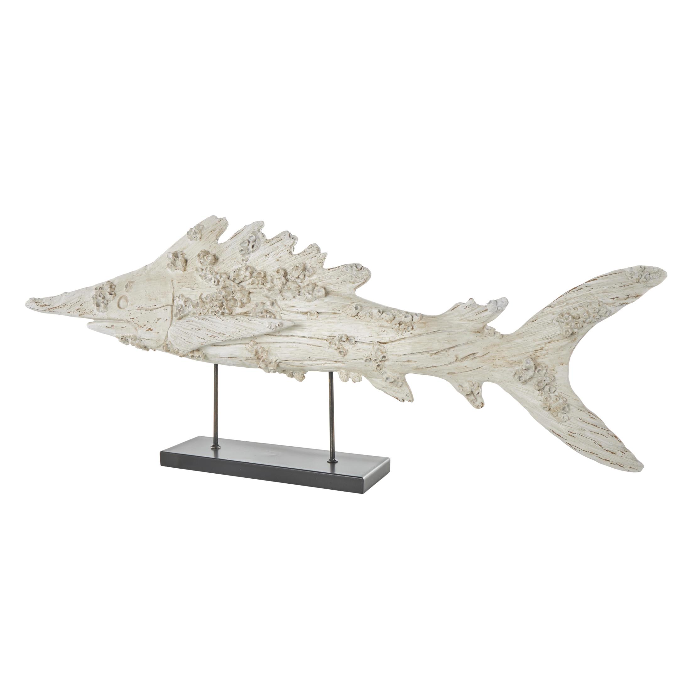 44" x 16" Cream Polystone Textured Fish Sculpture with Brown Distressing and Black Metal Stand, by DecMode
