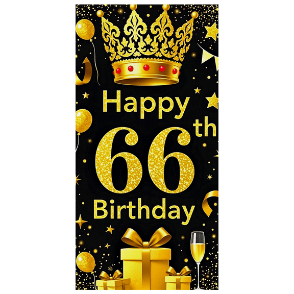 Golden Glittery 66th Birthday Banner with Crown Balloons and Gifts Background Party Supplies Birthday Decoration Photography Props Party Decor Backdrop