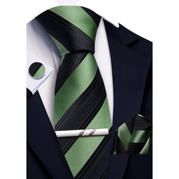 Mens Sage Green Striped Tie and Pocket Square Set Silk Necktie Handkerchief Cufflinks Tie Clip Business Formal
