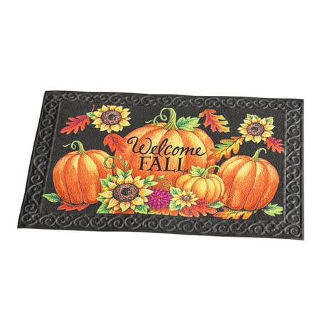 Front Door Fall Decor Pinterest Fall Harvest Skid-Resistant Front Door Welcome Mat, Festive Pumpkins, Leaves and Sunflowers Décor with Scrolling Pattern Border ()