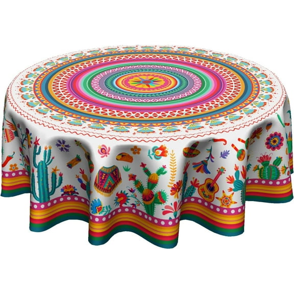 Colorful Mexico Round Table Cloth - Mexican Floral Tablecloth Cactus Stripes Lines Native Art Table Cover for Kitchen Party Picnic Dining Decor 60 Inch