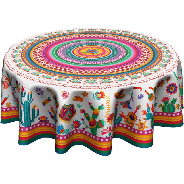 Colorful Mexico Round Table Cloth - Mexican Floral Tablecloth Cactus Stripes Lines Native Art Table Cover for Kitchen Party Picnic Dining Decor 60 Inch