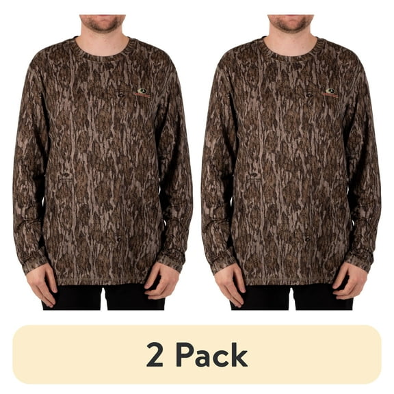 (2 pack) Mossy Oak Men's Long Sleeve Camouflage Hunting Performance Shirt, Mossy Oak Bottomland, L