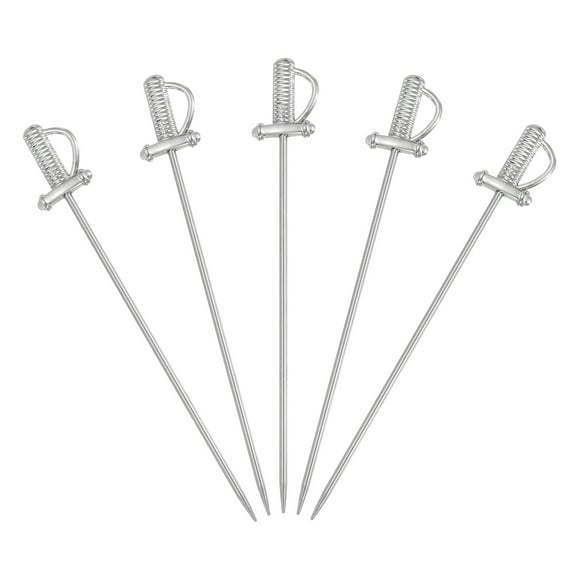 Uxcell 5 Pcs Palillos de Cóctel de Acero Inoxidable, Palillos de Martini de 4.4 Pulgadas, Pinchos de Metal Reutilizables para Bebidas, Aceitunas, Aperitivos, Decorativos de Frutas, Plateado (Espada)