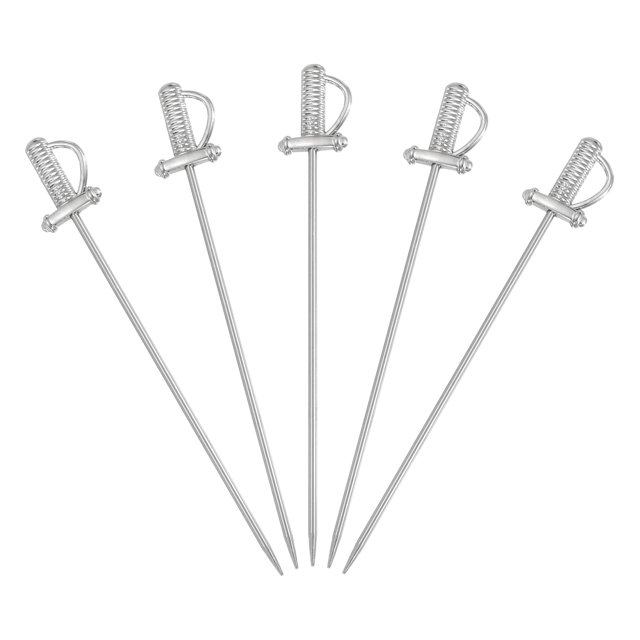 Uxcell 5 Pcs Palillos de Cóctel de Acero Inoxidable, Palillos de Martini de 4.4 Pulgadas, Pinchos de Metal Reutilizables para Bebidas, Aceitunas, Aperitivos, Decorativos de Frutas, Plateado (Espada)