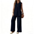thumbnail image 3 of VBVC Women's 2 Piece Cotton-Linen Outfit Set,Notch Neck Tank Top and Wide Leg Pants For Women,Ladies Button Trim Loungewear with Pockets,Navy,S-2XL, 3 of 7