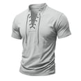 thumbnail image 2 of Gaukiv Men's Shirts Lace Up V Neckline Short Sleeve Lightweight Tops Casual Blouses Light Gray L, 2 of 7