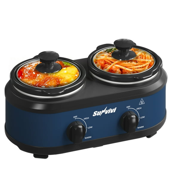 Blue Dual Slow Cooker with 2 Removable Ceramic Pots, 3Adjustable Temp & Visible Glass Lids, Buffet Server & Warmer, 2 x 1.25 QT, Blue, Dishwasher Safe