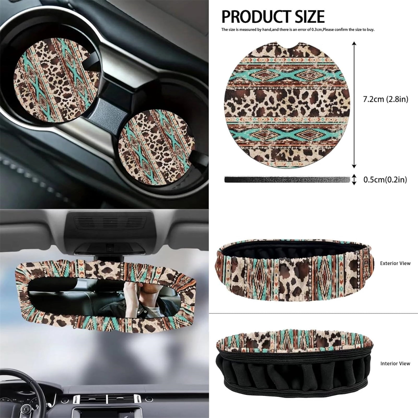 Yuyamidu Brown Cow Print Car Seat Cover Set of 12 Western Aztec Front Seat Covers Steering Wheel Cover Seatbelt Pads Armrest Cover Trash Can Air Vent Holder Rearview Mirror Cover Coasters Keychain