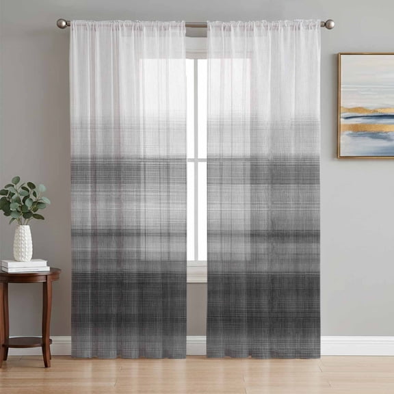 Black White Ombre Semi Sheer Curtains 72 Inch Length 2 Panels Set, Vintage Minimalism Abstract Stripes Sheer Kitchen Curtain Privacy Voile Window Curtain for Living Room Bedroom Rod Pocket Drapes