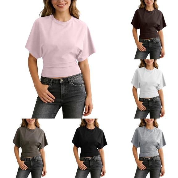 Rggeeun Womens T-Shirts Cropped Loose Fit Plus Size Flowy Wide Short Sleeve Crew Neck Solid Color for Summer Gym Trendy Tee,Red,L