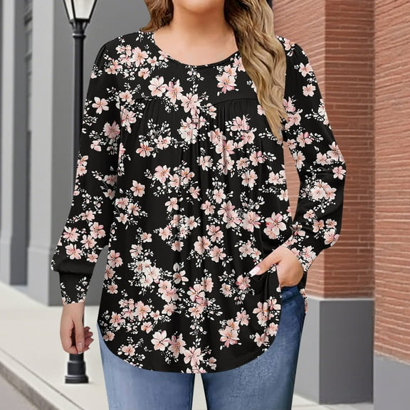 EchfiProm Womens Long Sleeve Tops Plus Size Blouse Oversized Black Floral Winter Shirts for Womens