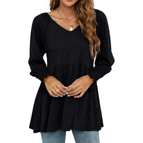 Women's Spring Summer Tops Women's Solid Color V-Neck Bubble Long Sleeved Waistband Top T-Shirt