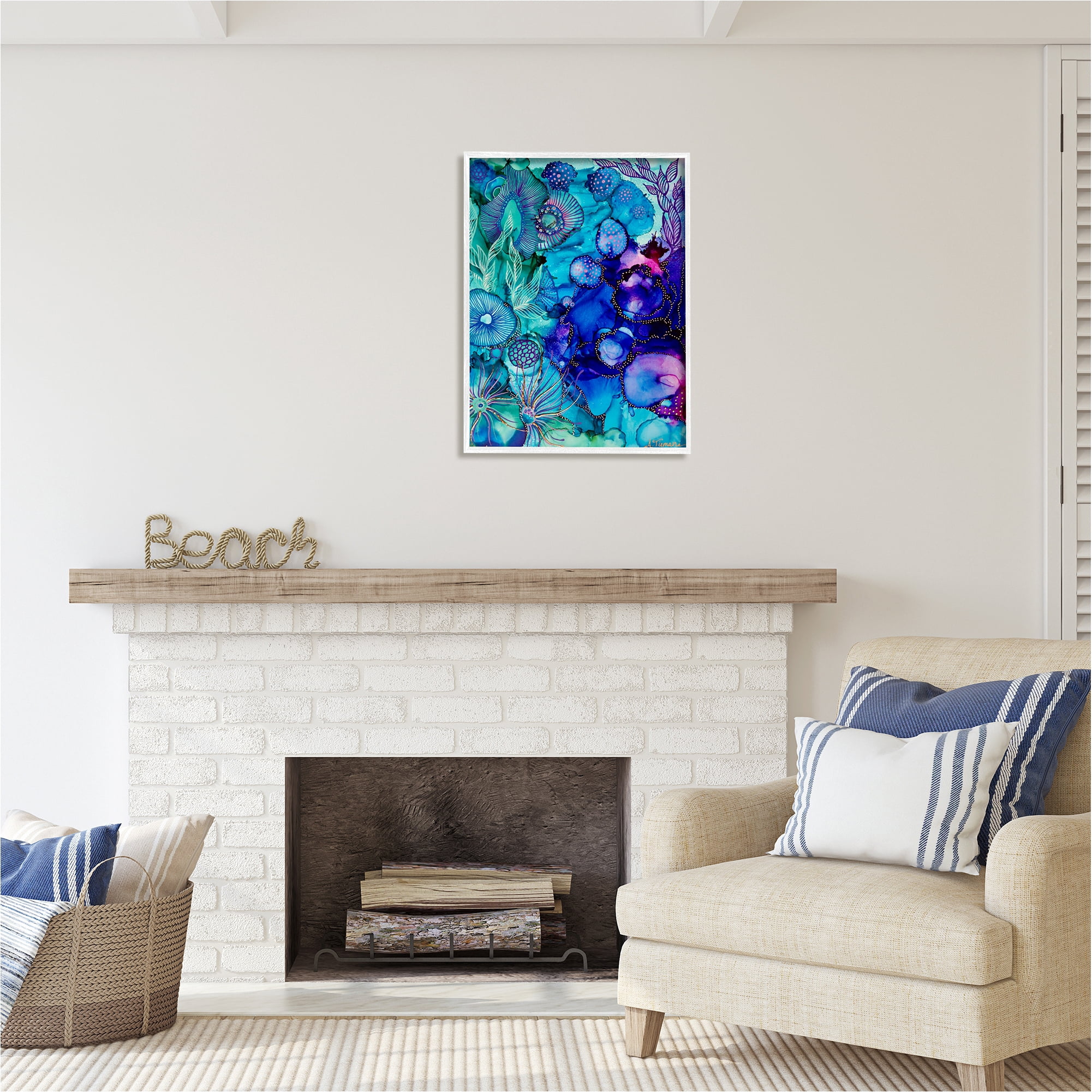 Stupell Industries Blue Modern Sea Life Abstract Painting White Framed Art Print Wall Art, 24 x 30