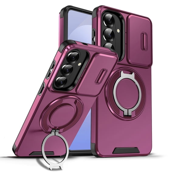 Moreoy Magnetic Kickstand Case for Samsung Galaxy S26 with Sliding Lens Cover Protection, Shockproof Dual-layer Protective Phone Case with Rotating Ring Stand Grip Holder For S26 Plus,Cherryred