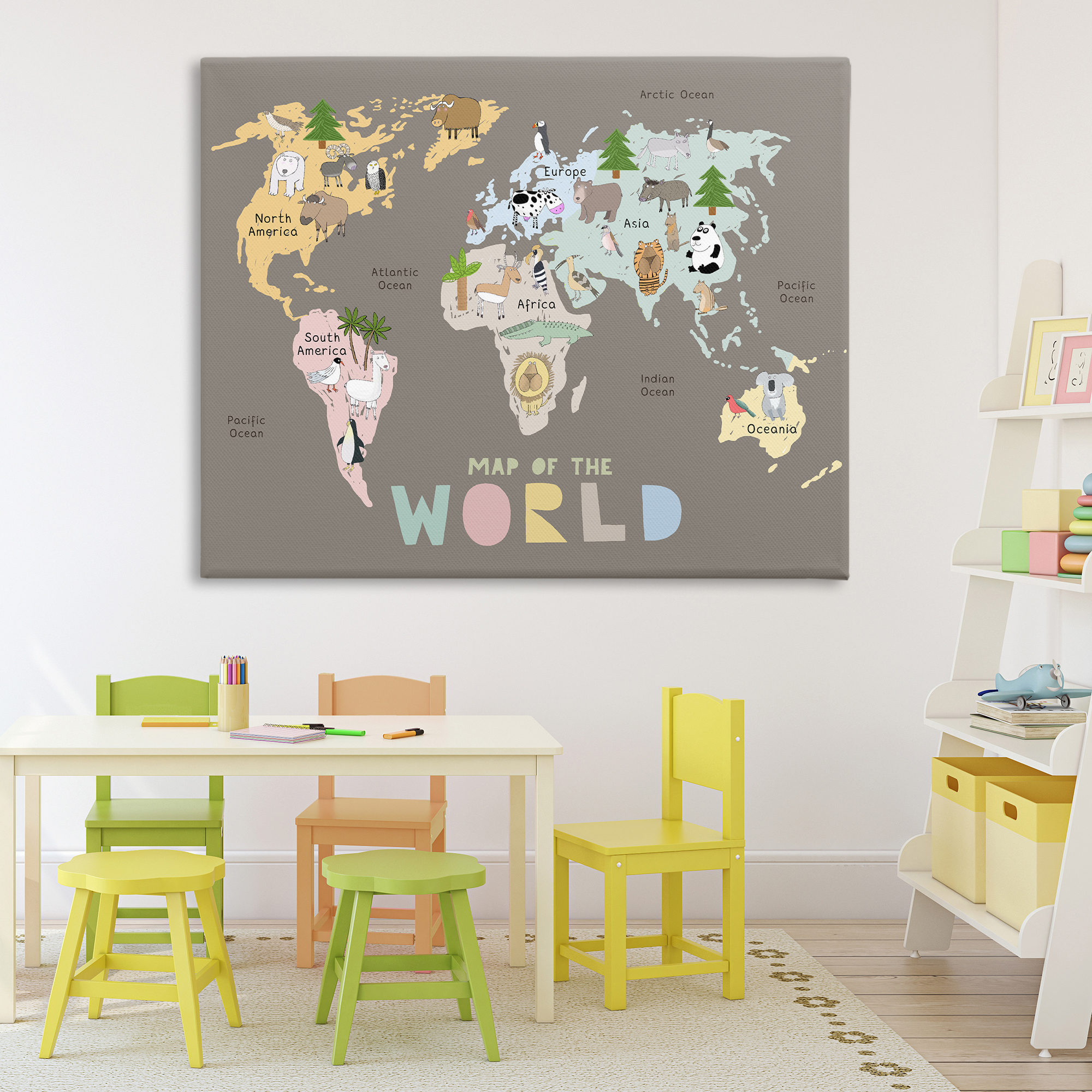 Kid's Map Of World Brown Canvas Wall Art, design by Carla Daly