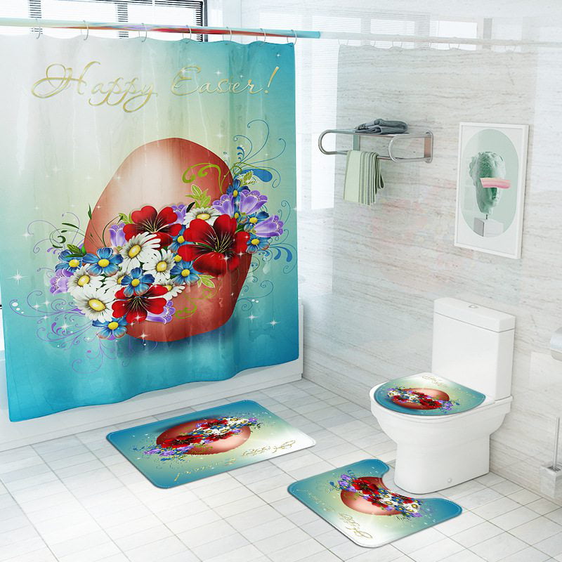 Details about   3Pcs Bathroom Rug Set Shower Curtain Bath Mat Non-Slip Toilet Seat Lid Cover 