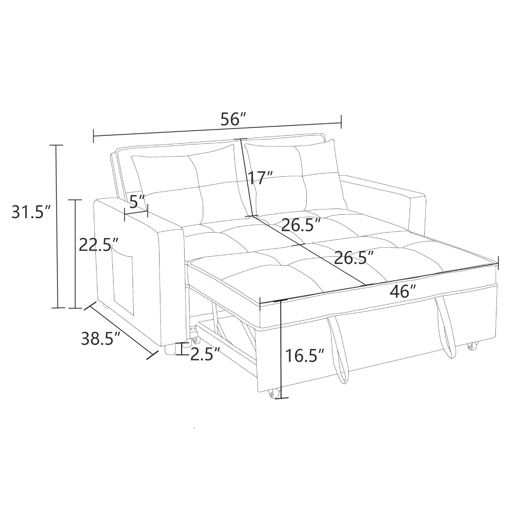 3-in-1 Convertible Sleeper Sofa Bed, Modern Futon Loveseat Velvet Pull-Out Couch Bed with Adjustable Backrest & Side Storage Pockets for Small Living Room, Grey